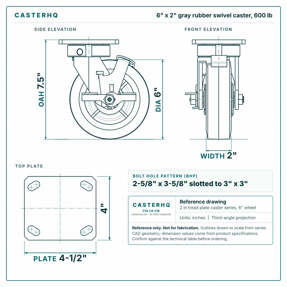 6 x 2 in gray rubber swivel caster reference drawing, side, front and top plate views with dimensions