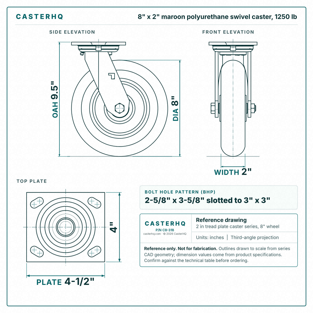 8 x 2 in maroon polyurethane swivel caster reference drawing, side, front and top plate views with dimensions