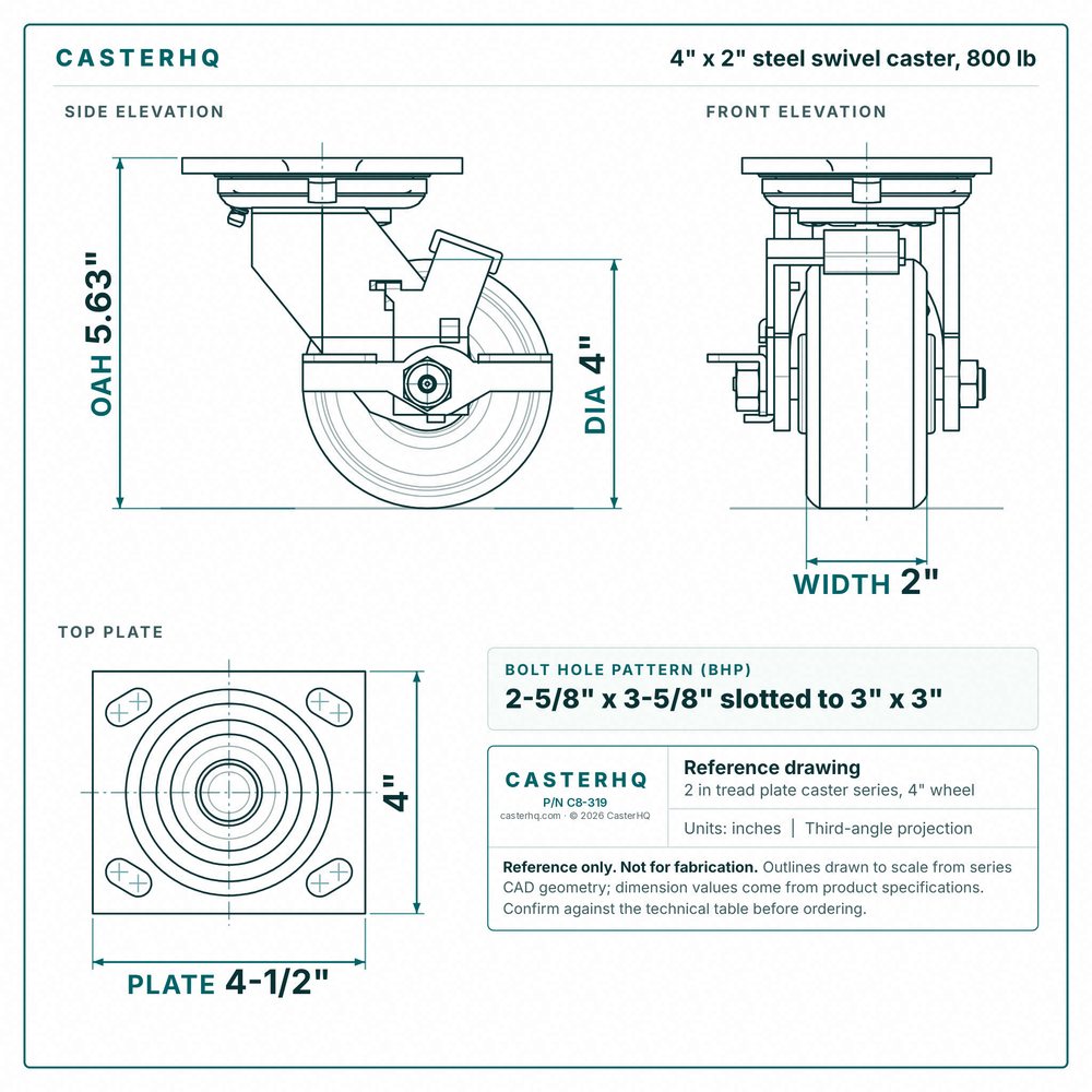 4 x 2 in steel swivel caster reference drawing, side, front and top plate views with dimensions