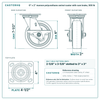 6 x 2 in maroon polyurethane swivel caster with cam brake reference drawing, side, front and top plate views with dimensions