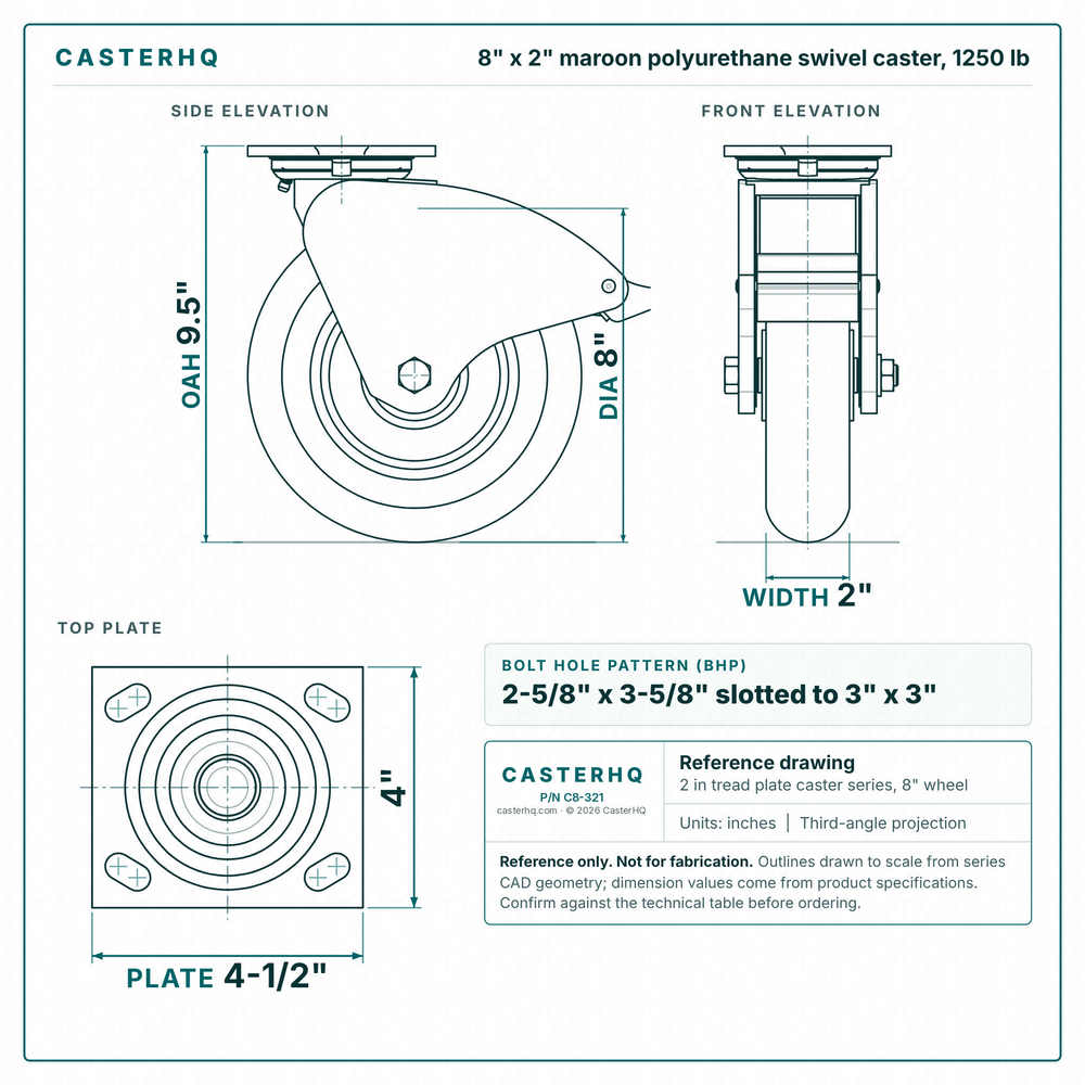 8 x 2 in maroon polyurethane swivel caster reference drawing, side, front and top plate views with dimensions