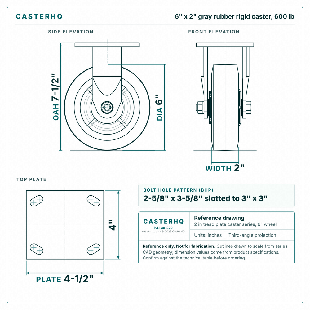 6 x 2 in gray rubber rigid caster reference drawing, side, front and top plate views with dimensions