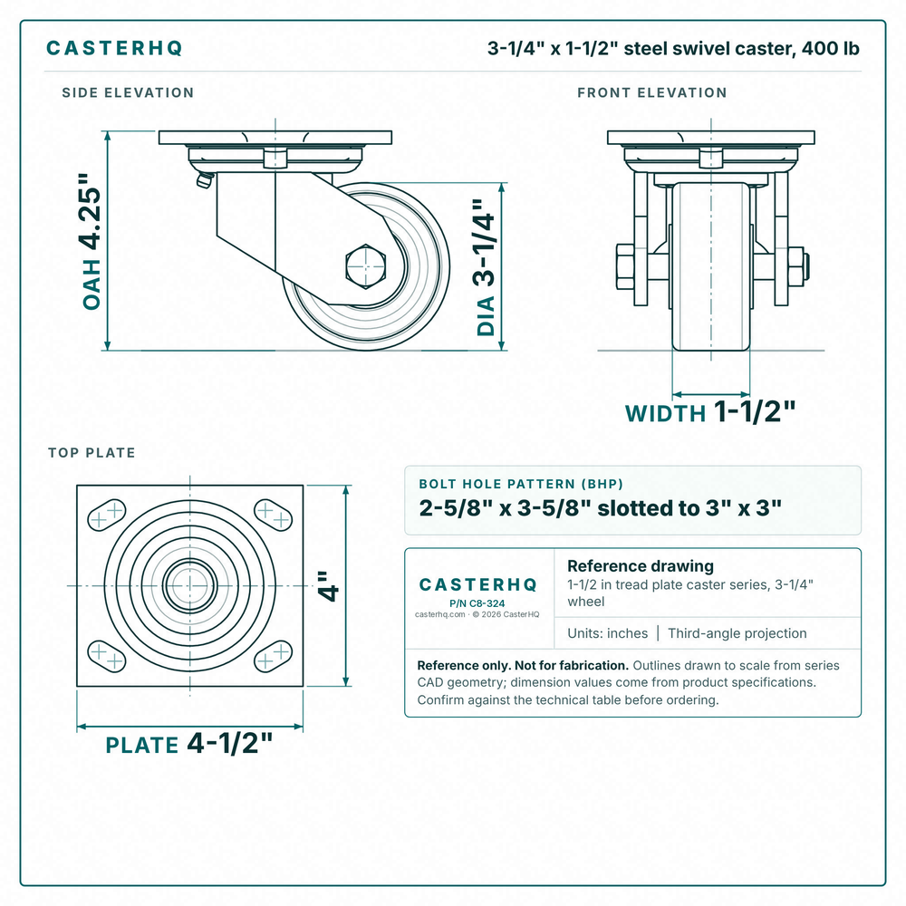 3-1/4 x 1-1/2 in steel swivel caster reference drawing, side, front and top plate views with dimensions