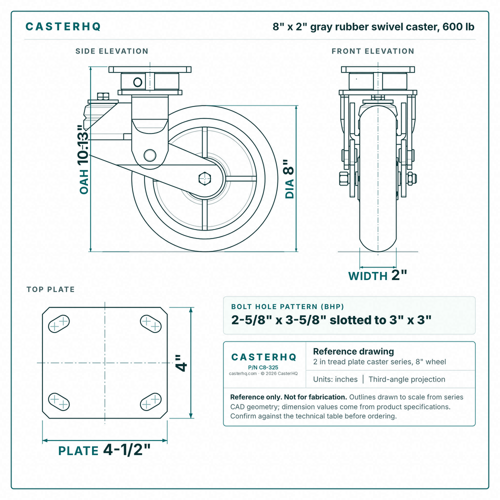 8 x 2 in gray rubber swivel caster reference drawing, side, front and top plate views with dimensions