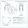 8 x 2 in gray rubber swivel caster reference drawing, side, front and top plate views with dimensions