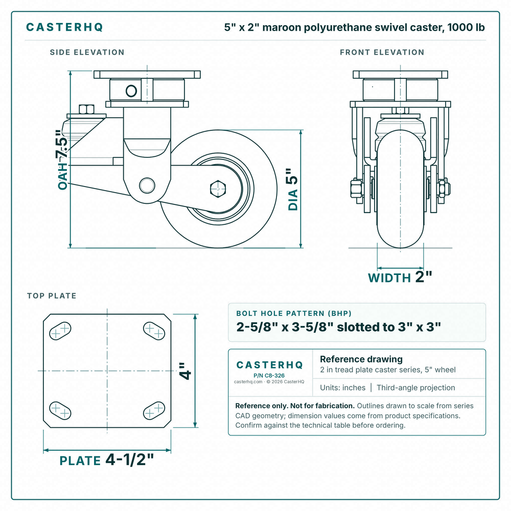 5 x 2 in maroon polyurethane swivel caster reference drawing, side, front and top plate views with dimensions