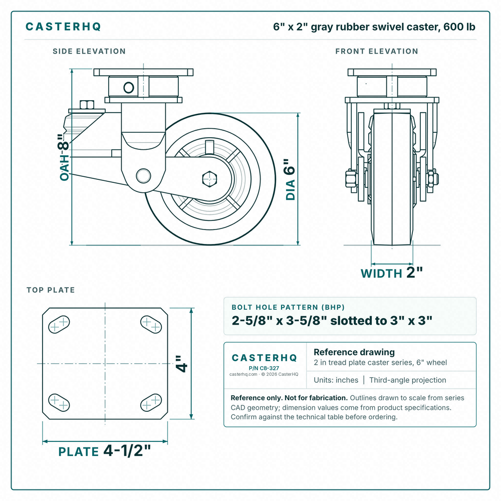 6 x 2 in gray rubber swivel caster reference drawing, side, front and top plate views with dimensions