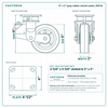 6 x 2 in gray rubber swivel caster reference drawing, side, front and top plate views with dimensions