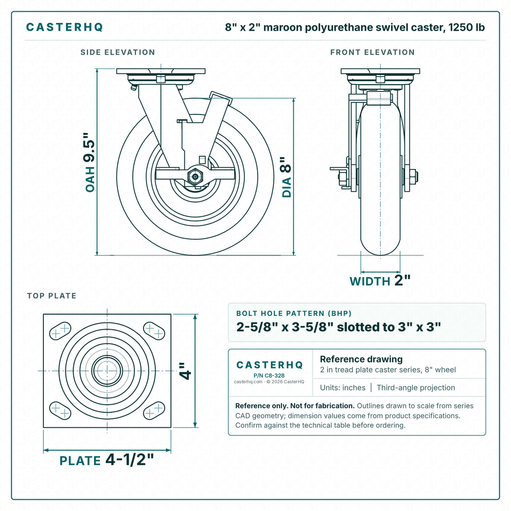 8 x 2 in maroon polyurethane swivel caster reference drawing, side, front and top plate views with dimensions