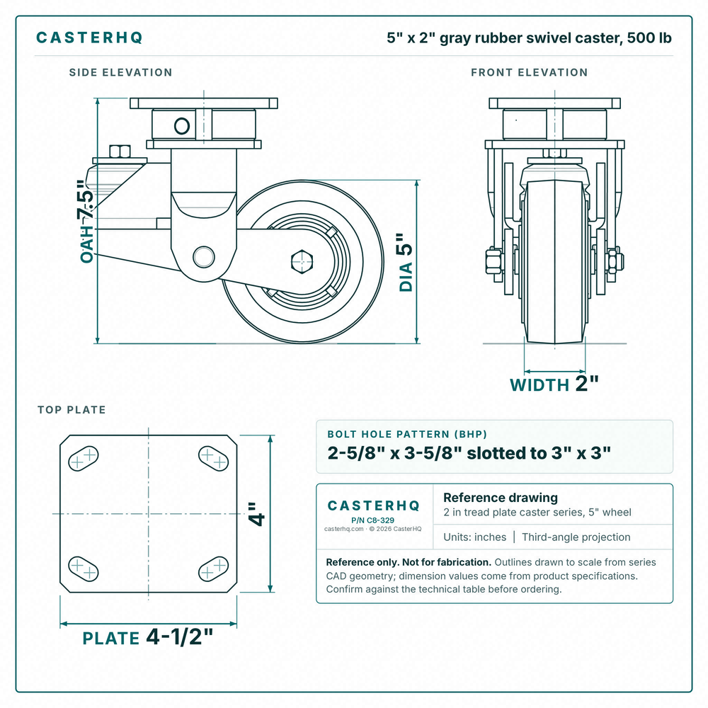 5 x 2 in gray rubber swivel caster reference drawing, side, front and top plate views with dimensions