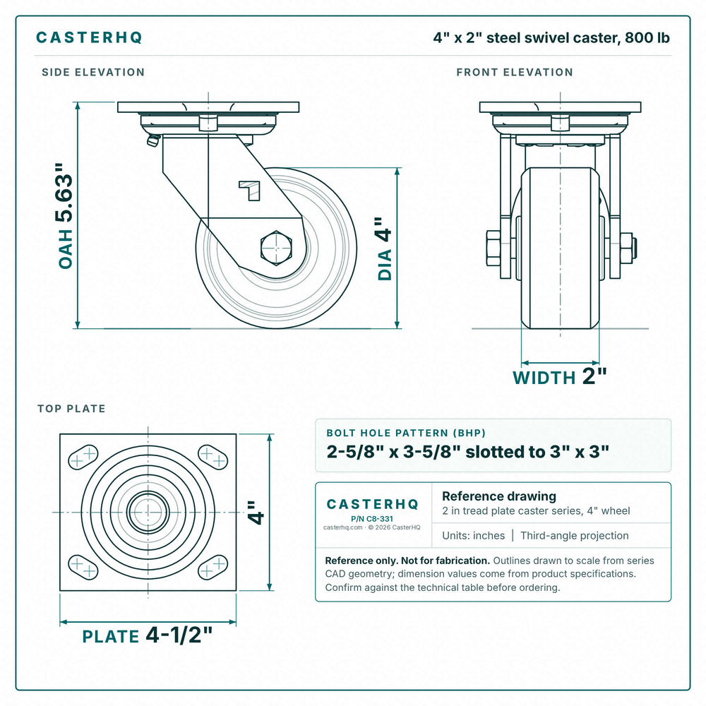 4 x 2 in steel swivel caster reference drawing, side, front and top plate views with dimensions