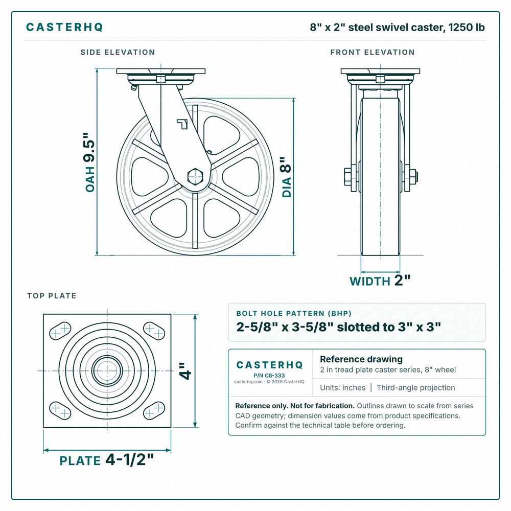 8 x 2 in steel swivel caster reference drawing, side, front and top plate views with dimensions