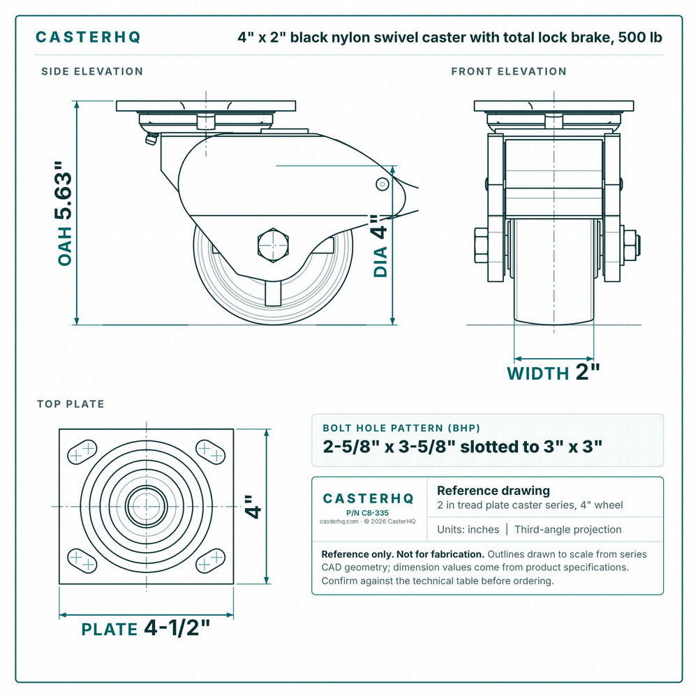 4 x 2 in black nylon swivel caster with total lock brake reference drawing, side, front and top plate views with dimensions