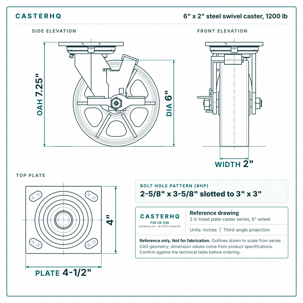 6 x 2 in steel swivel caster reference drawing, side, front and top plate views with dimensions