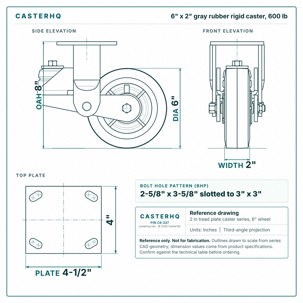 6 x 2 in gray rubber rigid caster reference drawing, side, front and top plate views with dimensions