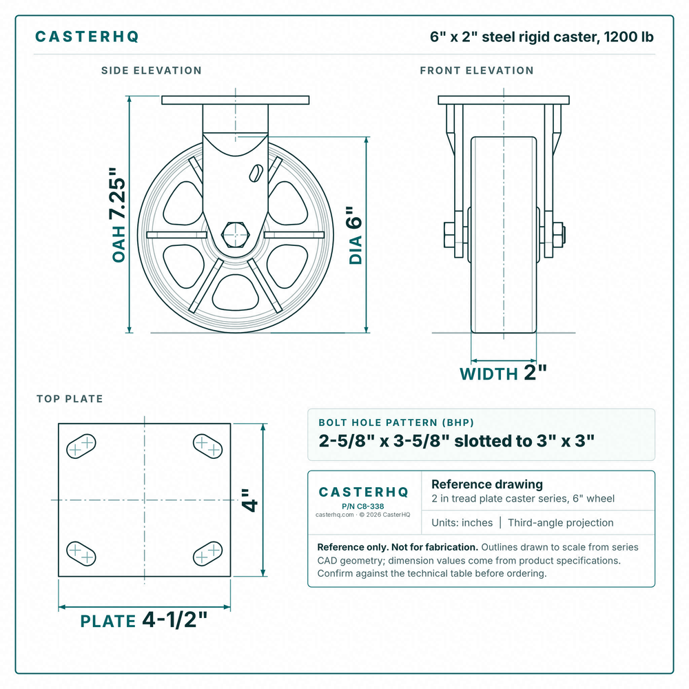 6 x 2 in steel rigid caster reference drawing, side, front and top plate views with dimensions