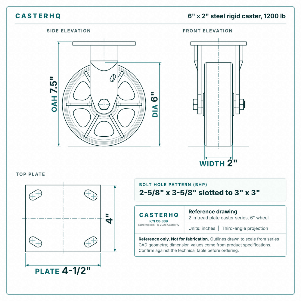 6 x 2 in steel rigid caster reference drawing, side, front and top plate views with dimensions