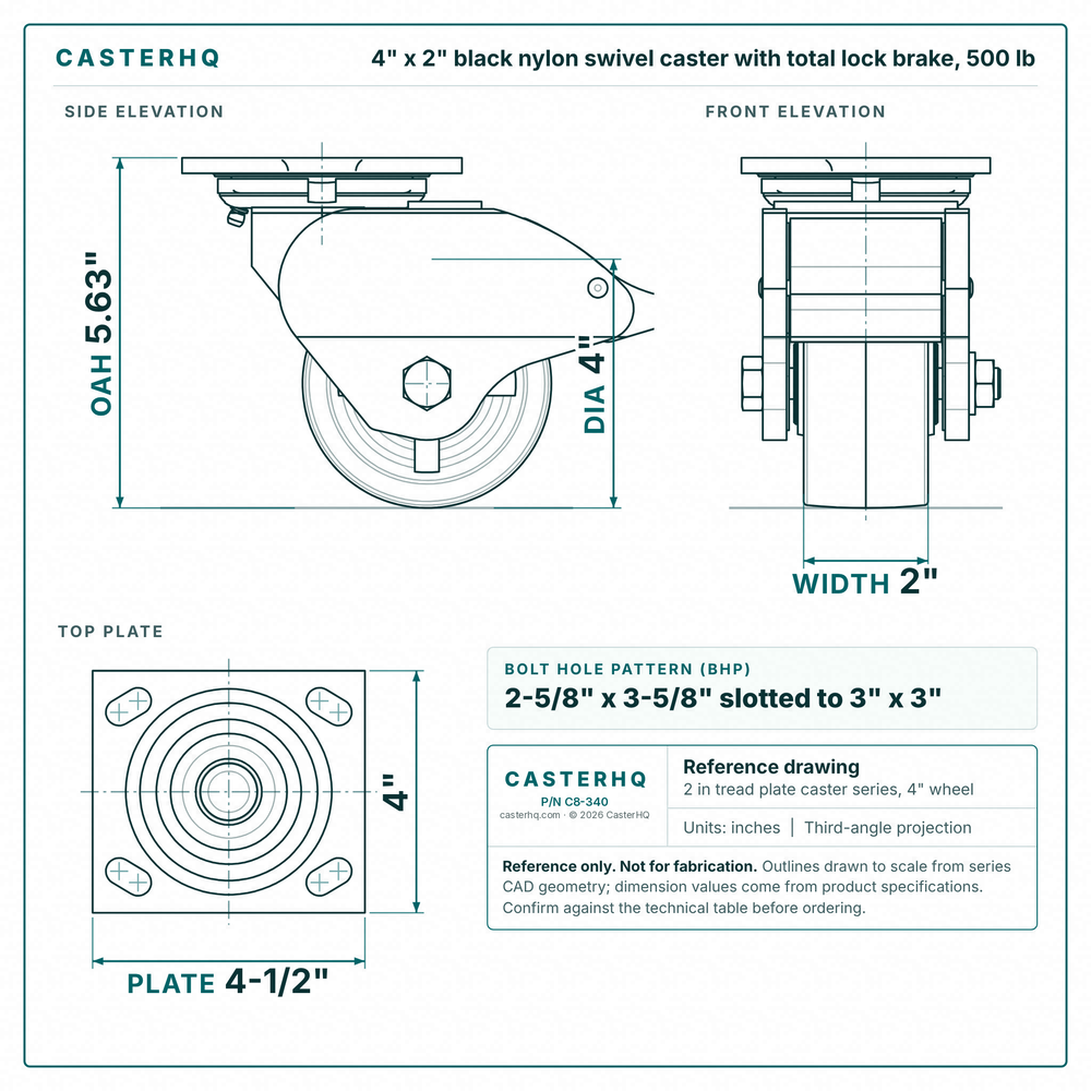 4 x 2 in black nylon swivel caster with total lock brake reference drawing, side, front and top plate views with dimensions