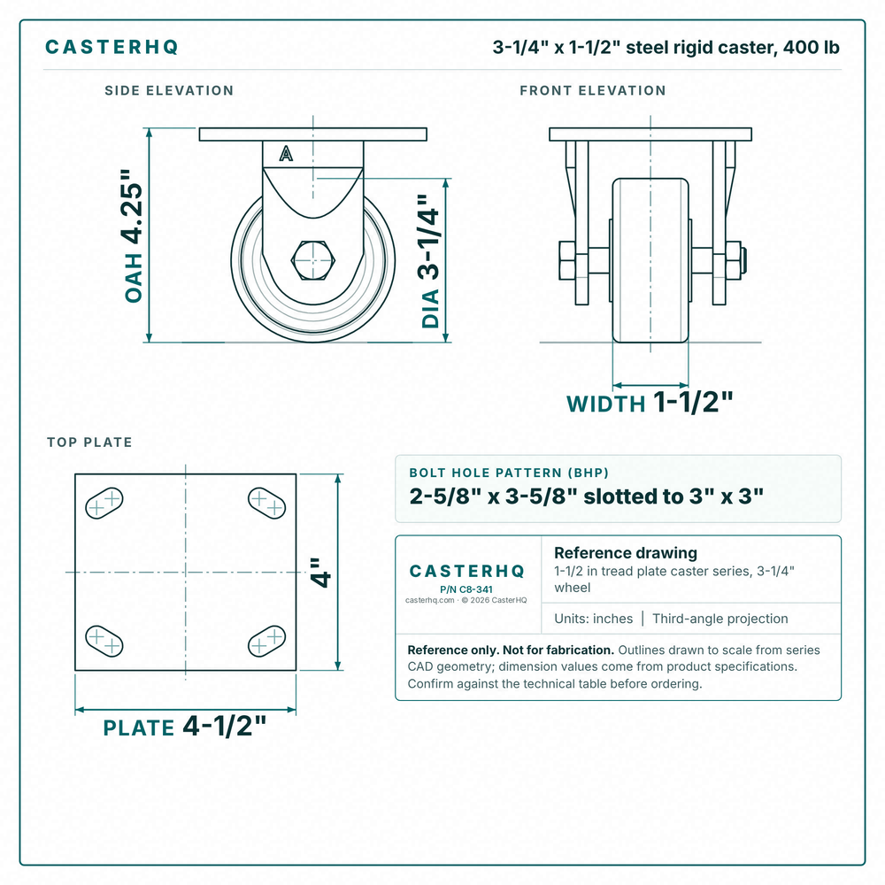 3-1/4 x 1-1/2 in steel rigid caster reference drawing, side, front and top plate views with dimensions