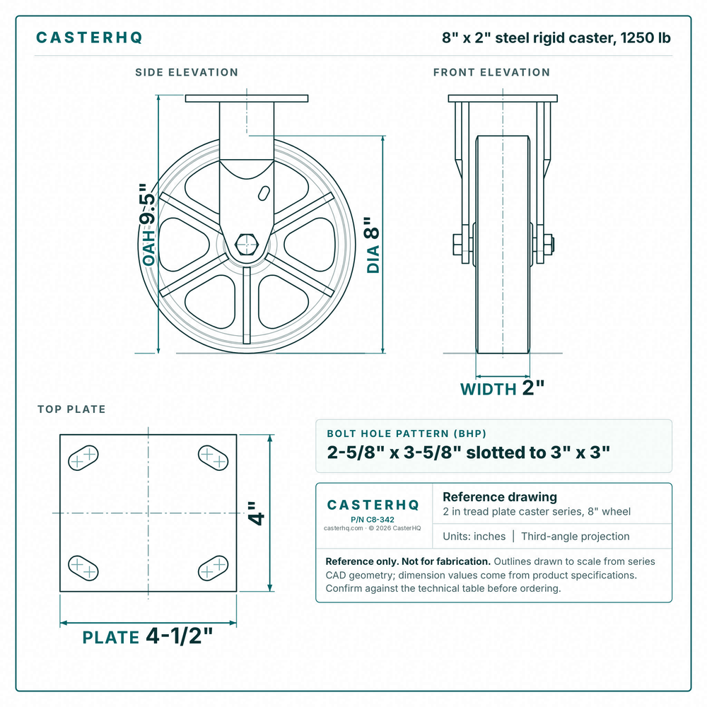 8 x 2 in steel rigid caster reference drawing, side, front and top plate views with dimensions