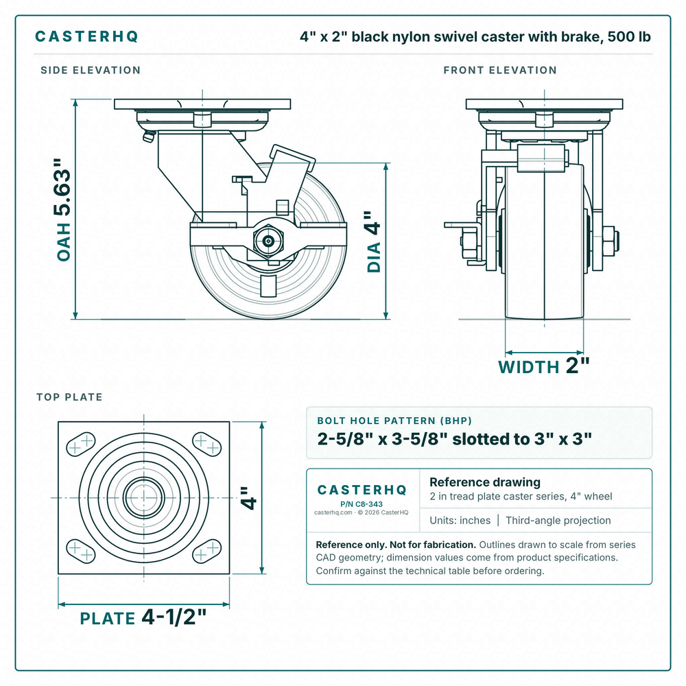 4 x 2 in black nylon swivel caster with brake reference drawing, side, front and top plate views with dimensions