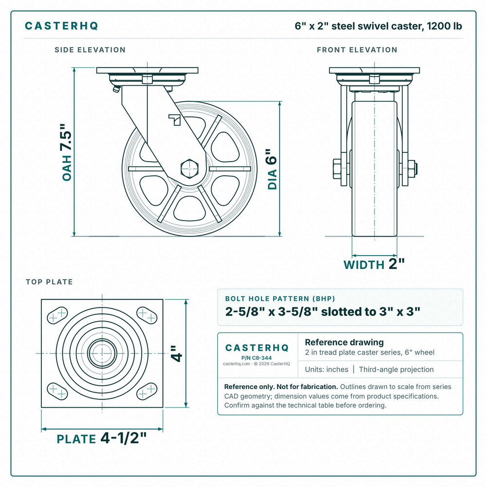 6 x 2 in steel swivel caster reference drawing, side, front and top plate views with dimensions