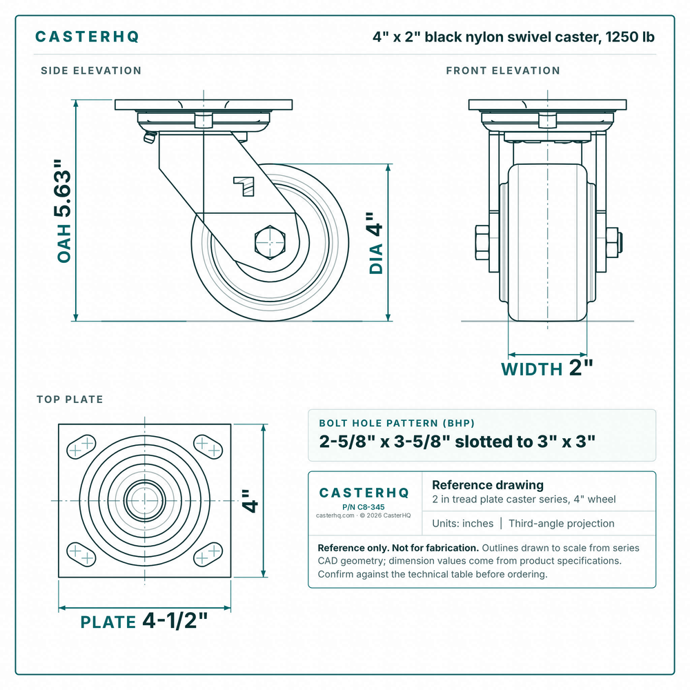 4 x 2 in black nylon swivel caster reference drawing, side, front and top plate views with dimensions