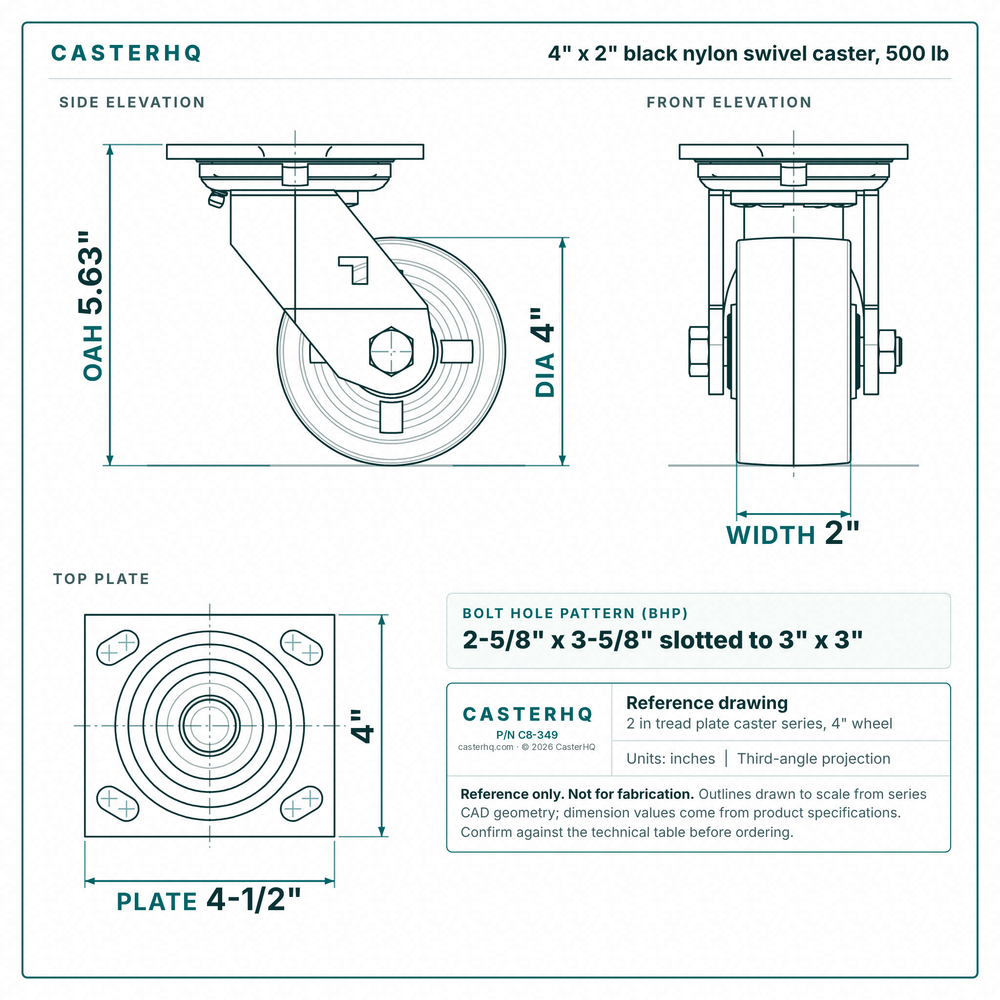 4 x 2 in black nylon swivel caster reference drawing, side, front and top plate views with dimensions