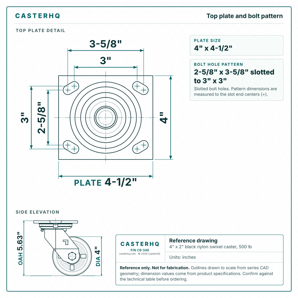 Top plate bolt pattern drawing, ["4\" x 4-1/2\""] plate, slotted bolt holes