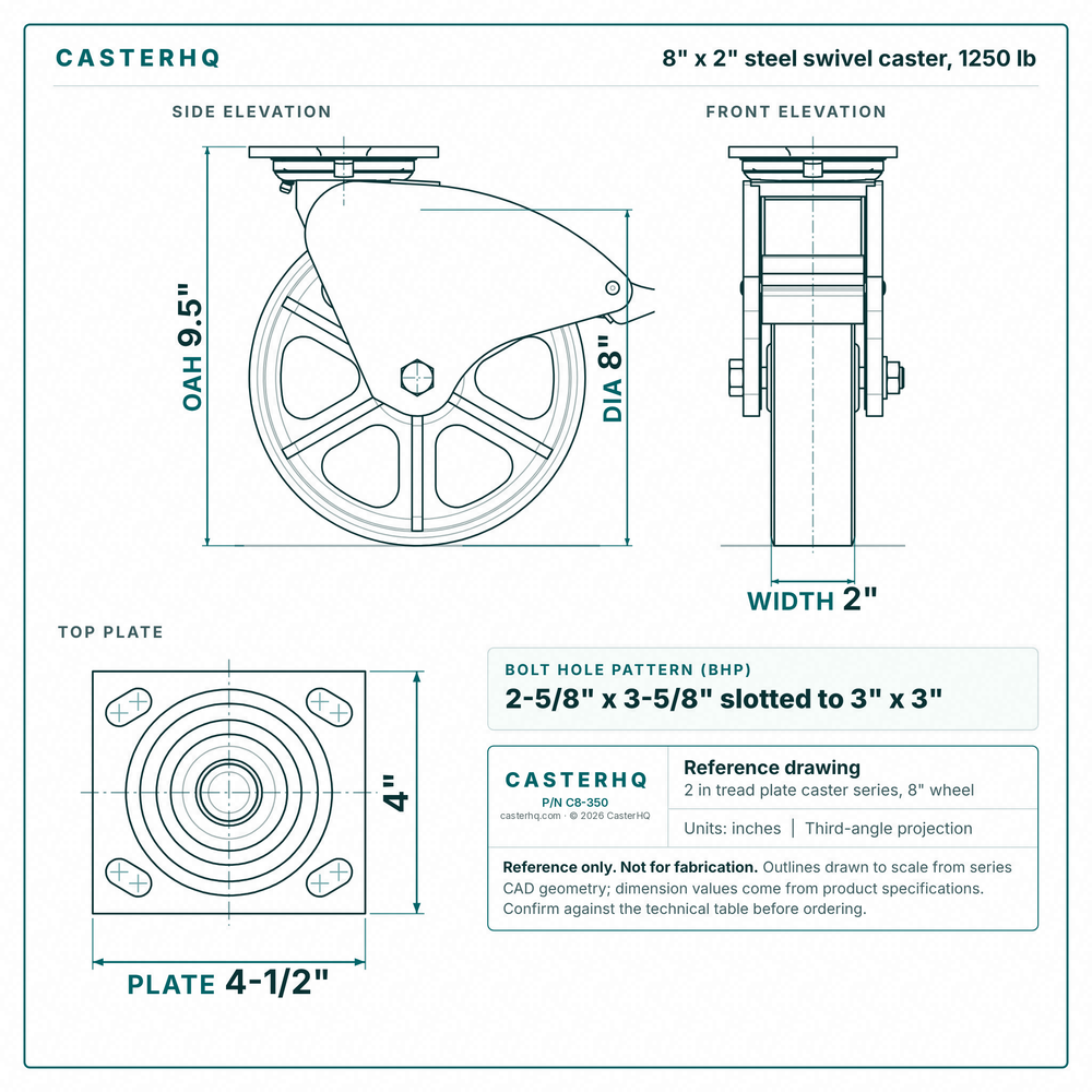 8 x 2 in steel swivel caster reference drawing, side, front and top plate views with dimensions