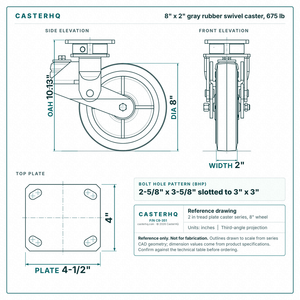 8 x 2 in gray rubber swivel caster reference drawing, side, front and top plate views with dimensions