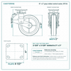8 x 2 in gray rubber swivel caster reference drawing, side, front and top plate views with dimensions