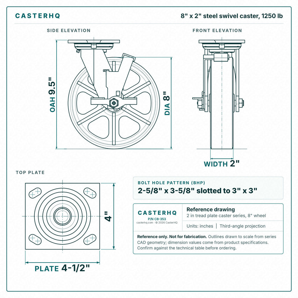 8 x 2 in steel swivel caster reference drawing, side, front and top plate views with dimensions