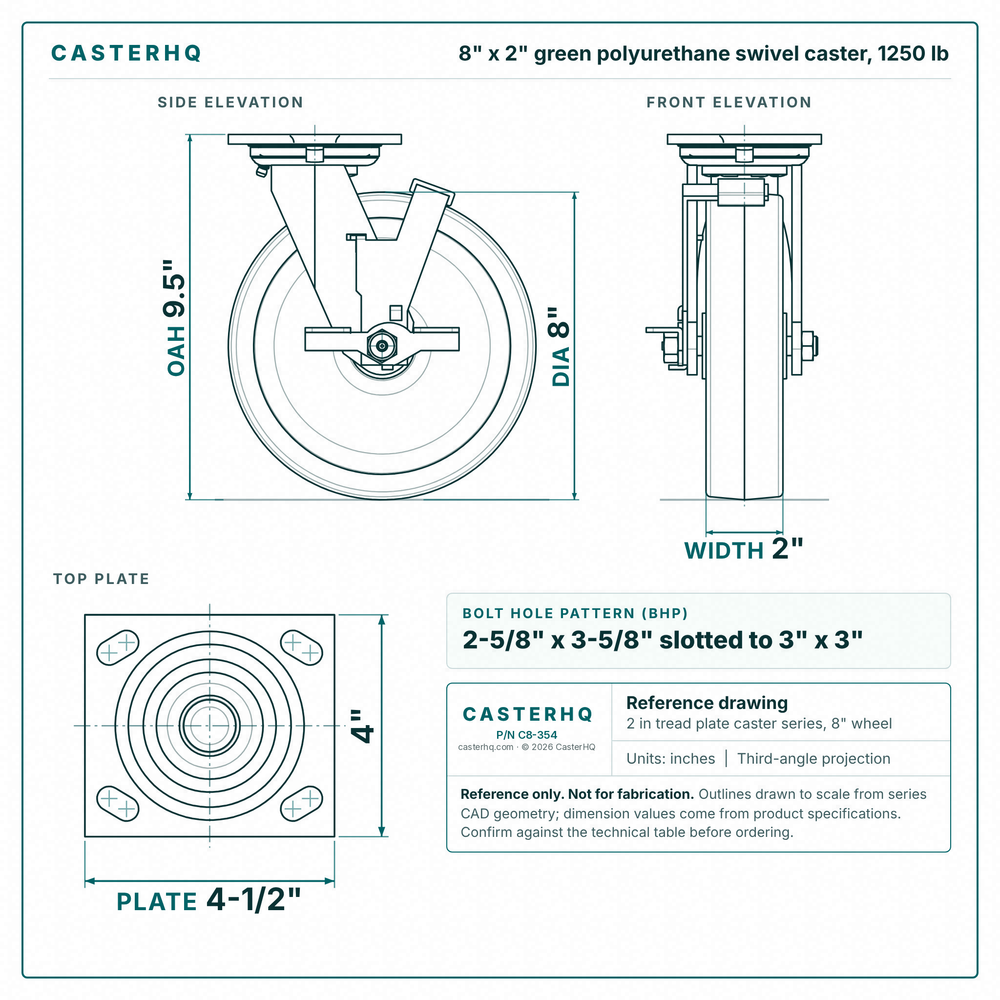 8 x 2 in green polyurethane swivel caster reference drawing, side, front and top plate views with dimensions