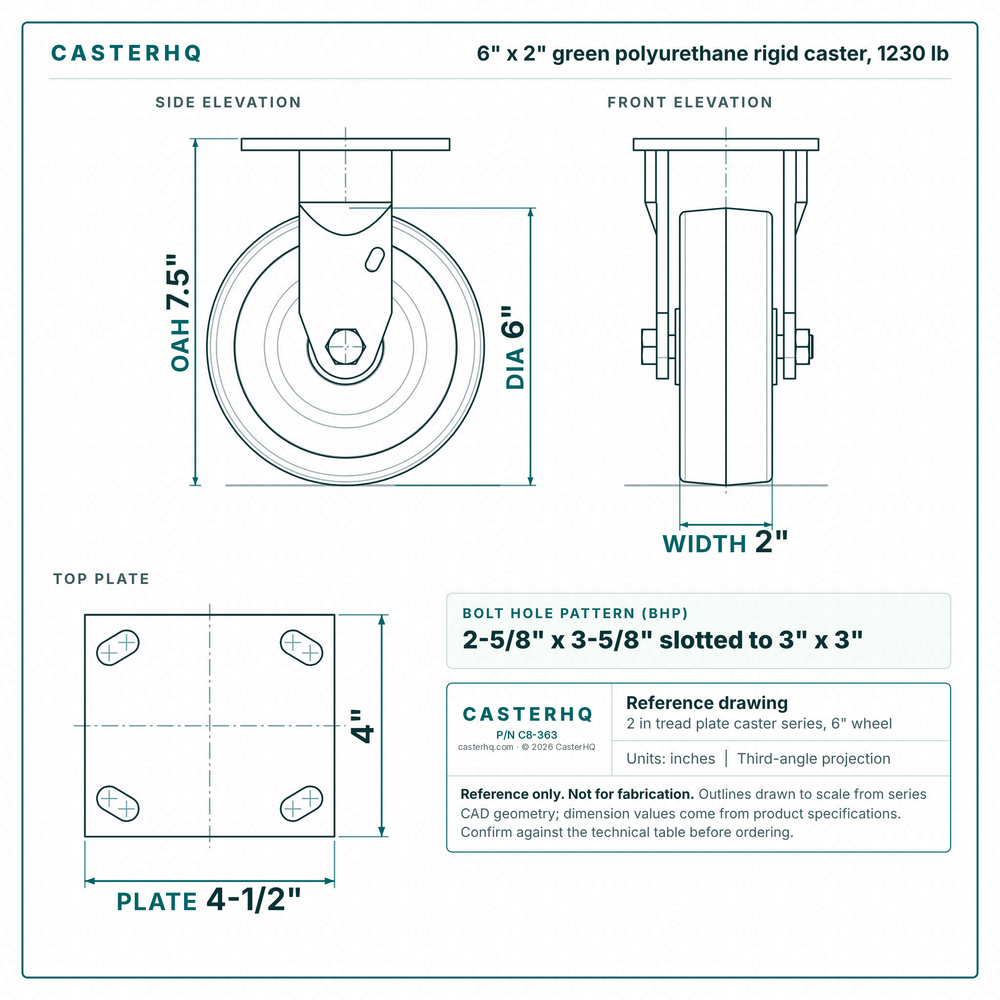 6 x 2 in green polyurethane rigid caster reference drawing, side, front and top plate views with dimensions