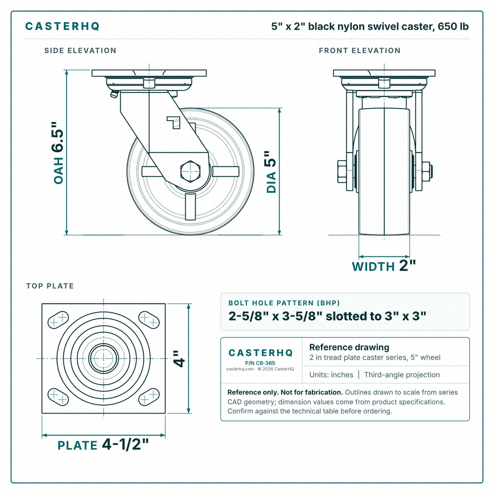 5 x 2 in black nylon swivel caster reference drawing, side, front and top plate views with dimensions