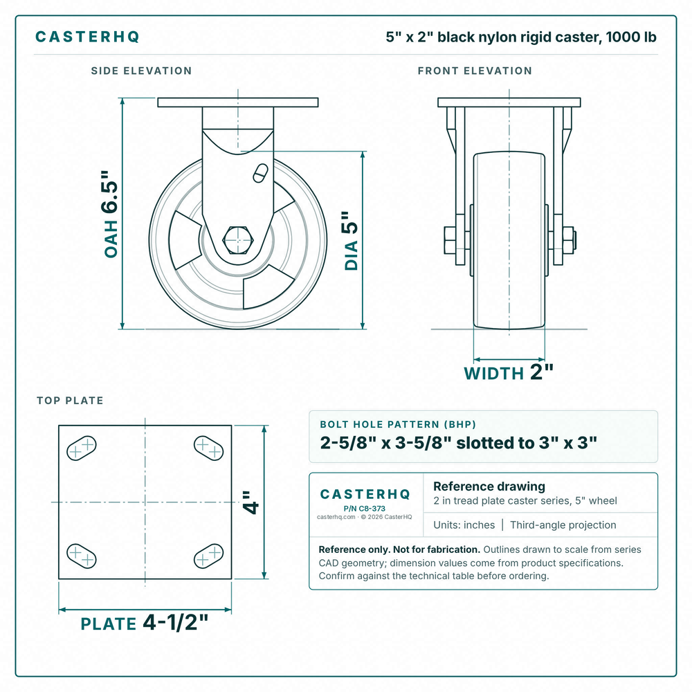 5 x 2 in black nylon rigid caster reference drawing, side, front and top plate views with dimensions