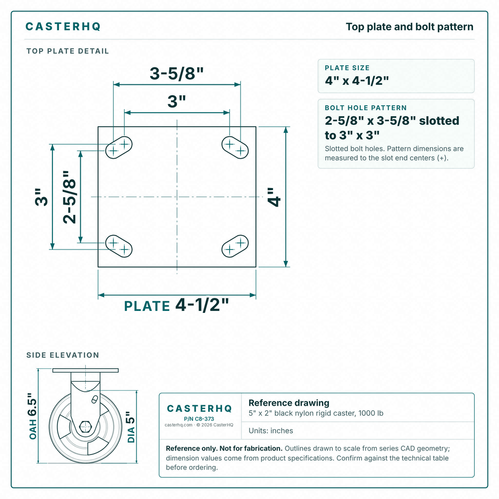 Top plate bolt pattern drawing, ["4\" x 4-1/2\""] plate, slotted bolt holes
