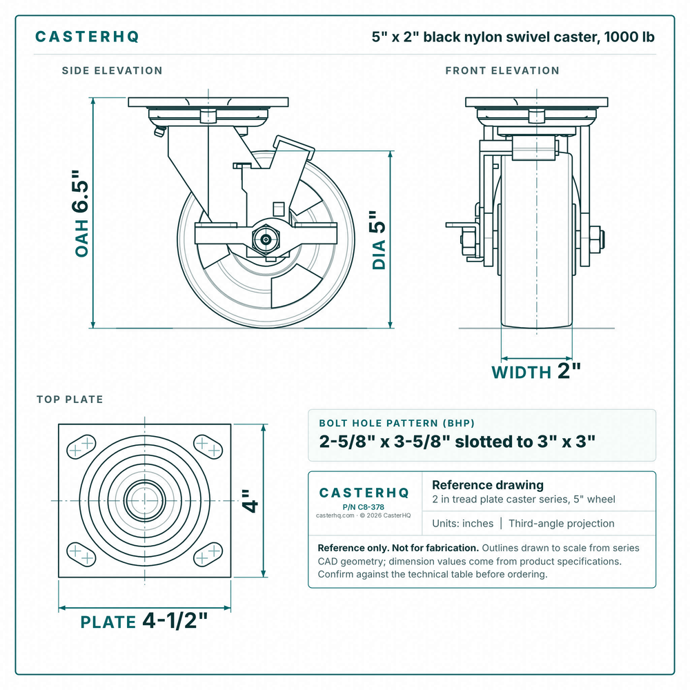 5 x 2 in black nylon swivel caster reference drawing, side, front and top plate views with dimensions