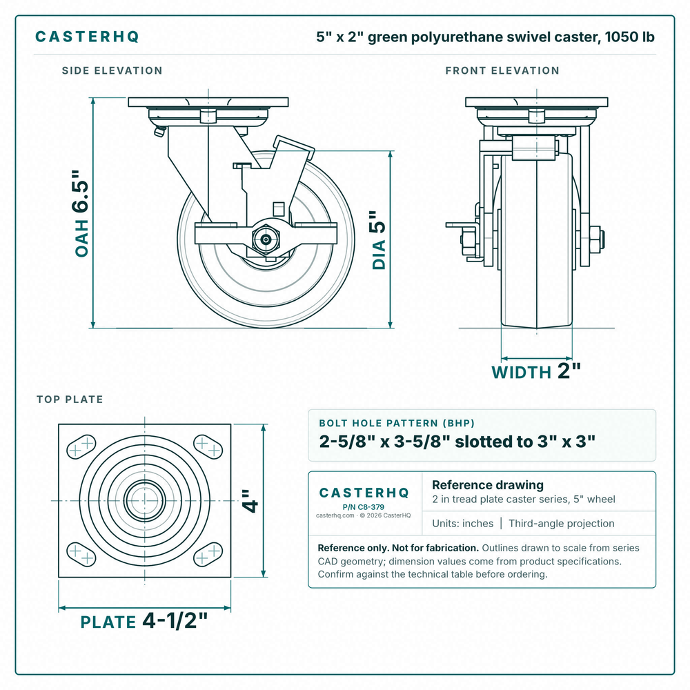 5 x 2 in green polyurethane swivel caster reference drawing, side, front and top plate views with dimensions