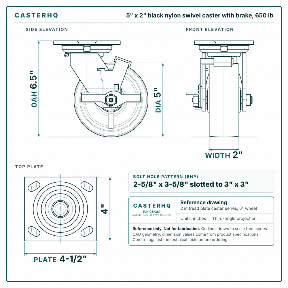 5 x 2 in black nylon swivel caster with brake reference drawing, side, front and top plate views with dimensions