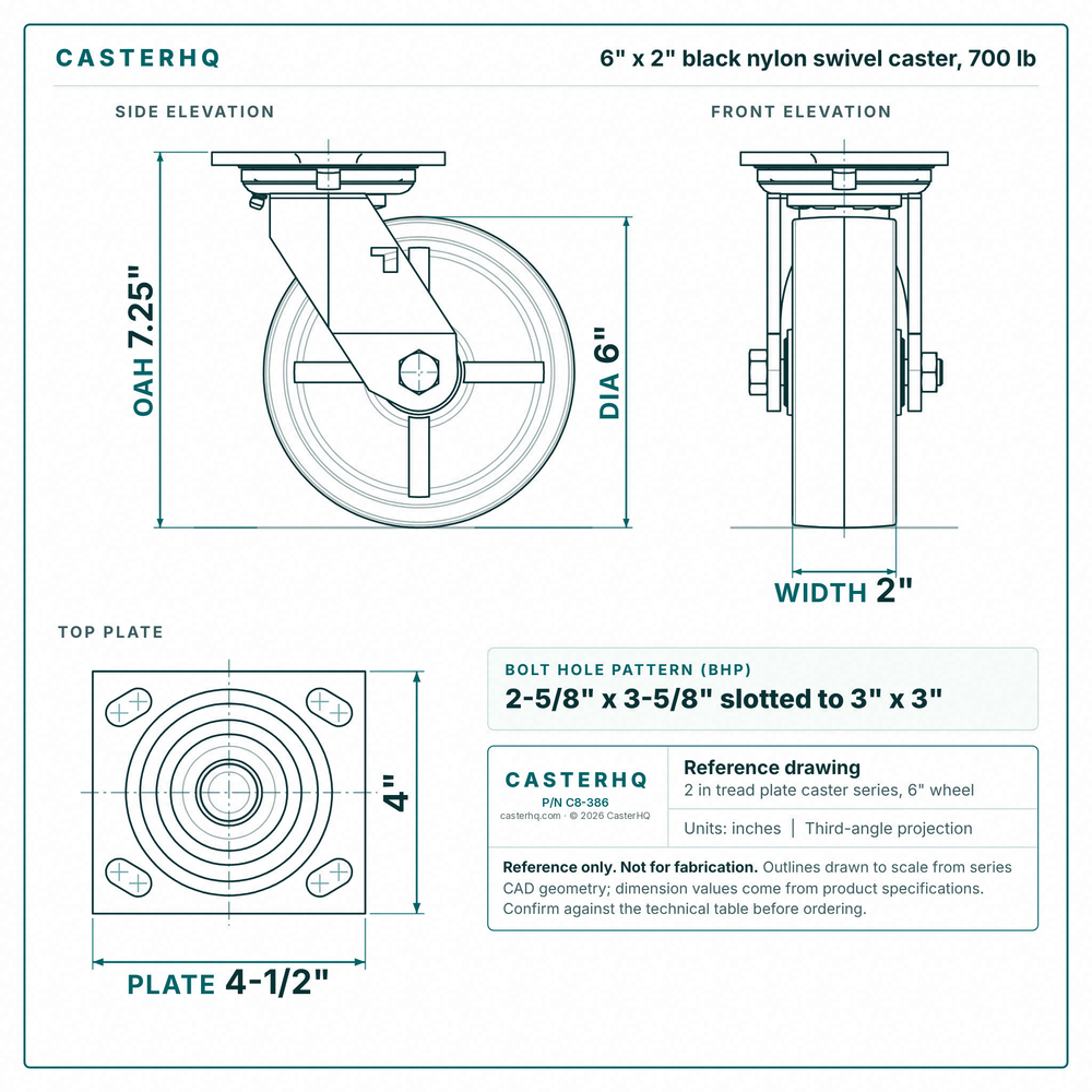 6 x 2 in black nylon swivel caster reference drawing, side, front and top plate views with dimensions