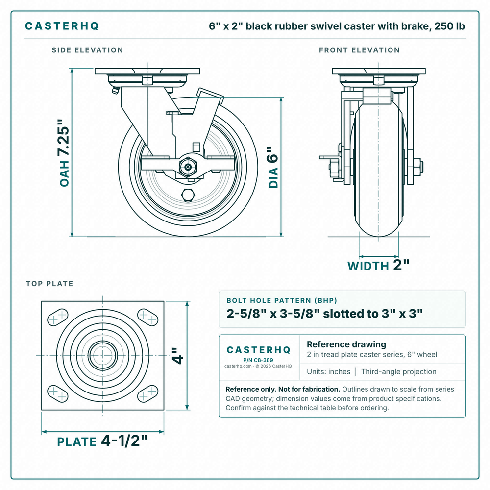 6 x 2 in black rubber swivel caster with brake reference drawing, side, front and top plate views with dimensions