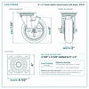 6 x 2 in black rubber swivel caster with brake reference drawing, side, front and top plate views with dimensions