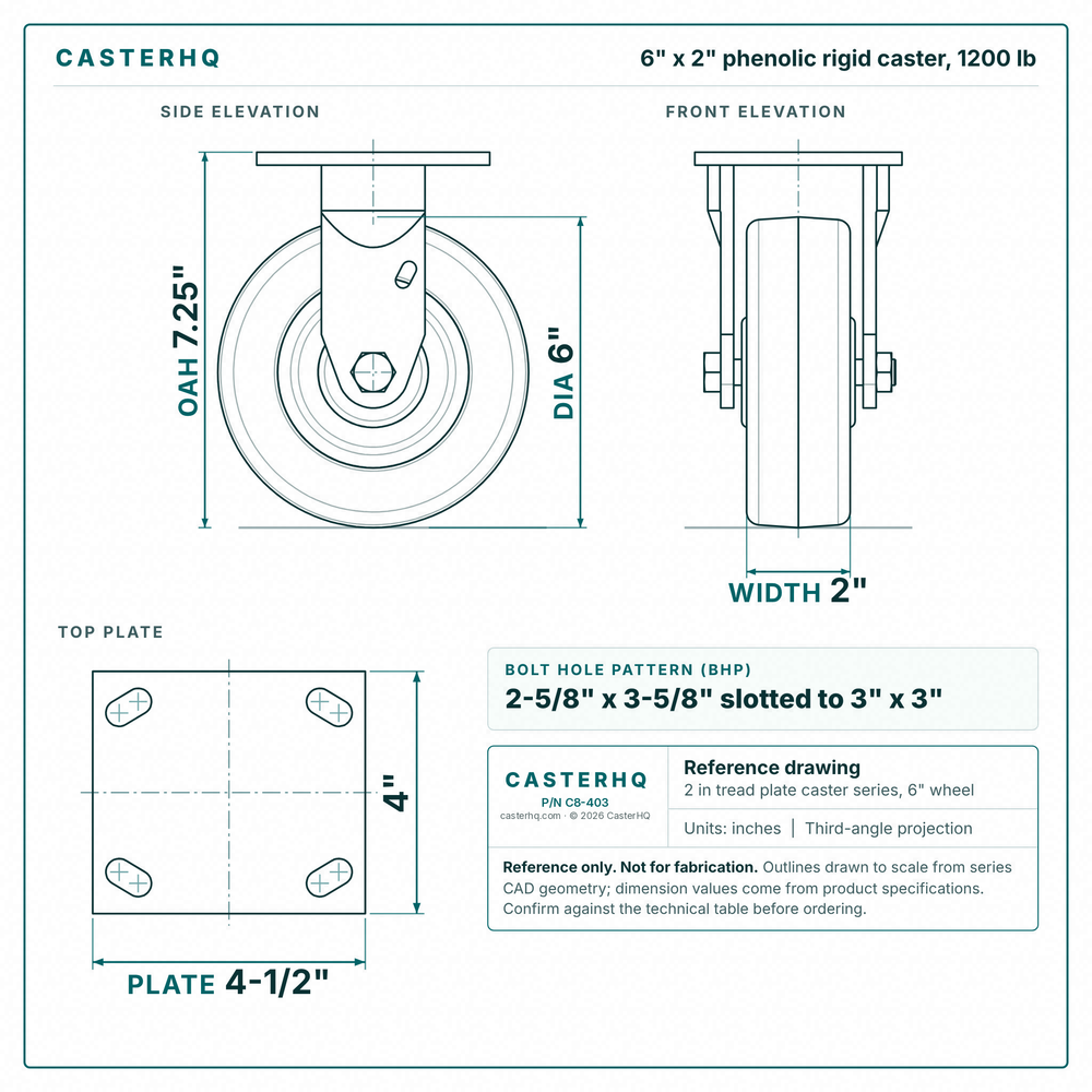 6 x 2 in phenolic rigid caster reference drawing, side, front and top plate views with dimensions