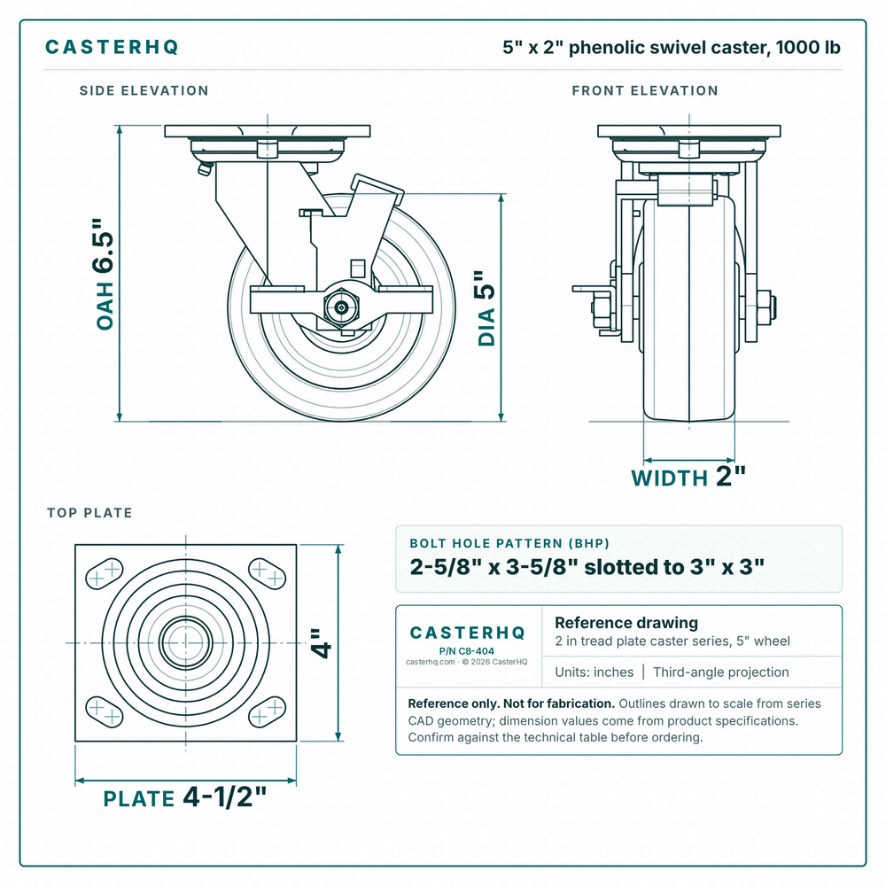 5 x 2 in phenolic swivel caster reference drawing, side, front and top plate views with dimensions