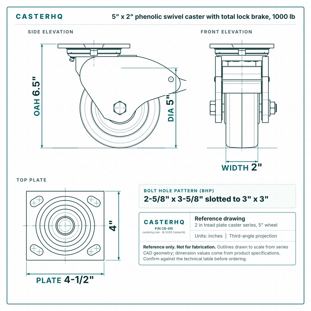 5 x 2 in phenolic swivel caster with total lock brake reference drawing, side, front and top plate views with dimensions