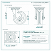 5 x 2 in steel swivel caster reference drawing, side, front and top plate views with dimensions