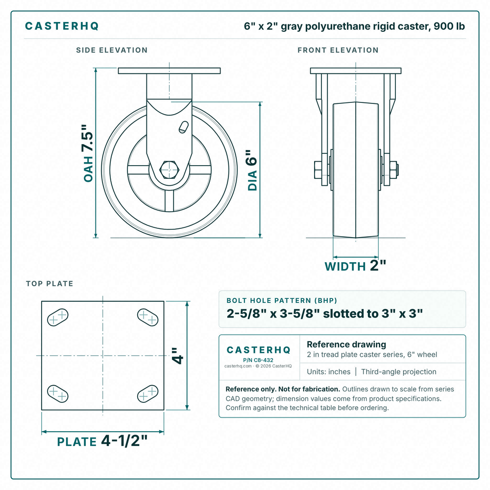 6 x 2 in gray polyurethane rigid caster reference drawing, side, front and top plate views with dimensions