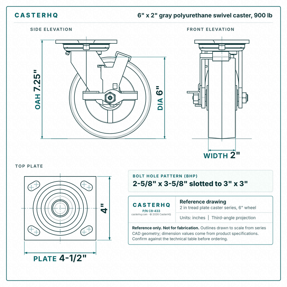 6 x 2 in gray polyurethane swivel caster reference drawing, side, front and top plate views with dimensions